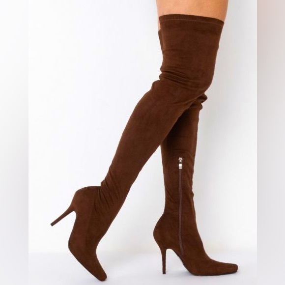 Azalea Wang Chocolate Brown Vegan Suede Leather Knee High Boots - Picture 1 of 4